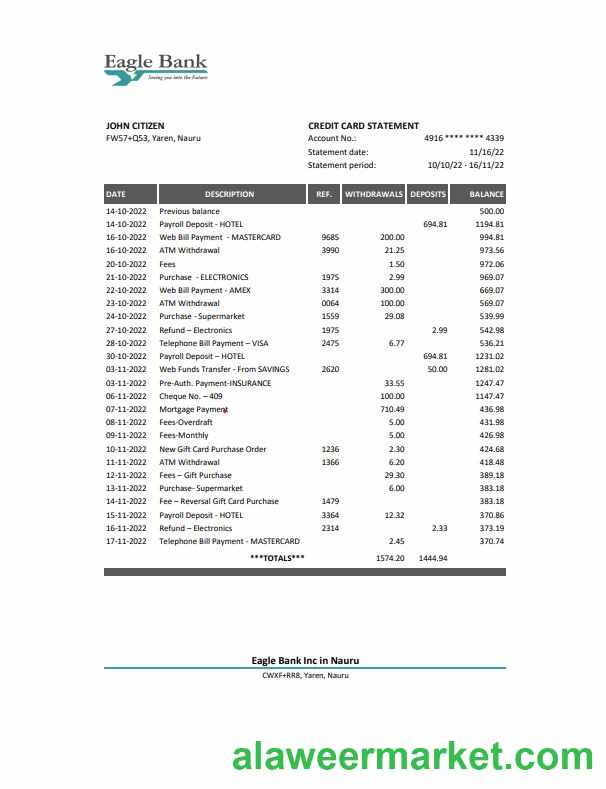 Nauru Eagle bank statement Excel and PDF template